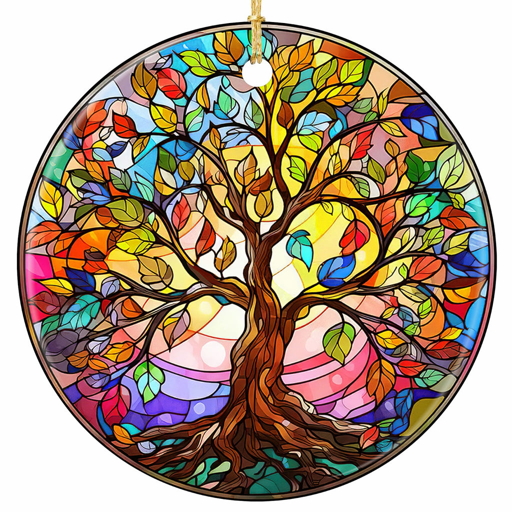 Twisting Trunk Rising Into a Canopy of Rainbow Leaves Over a Glowing Mosaic Sun. Ceramic Keepsake.