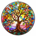 Twisting Trunk Rising Into a Canopy of Rainbow Leaves Over a Glowing Mosaic Sun. Ceramic Keepsake.