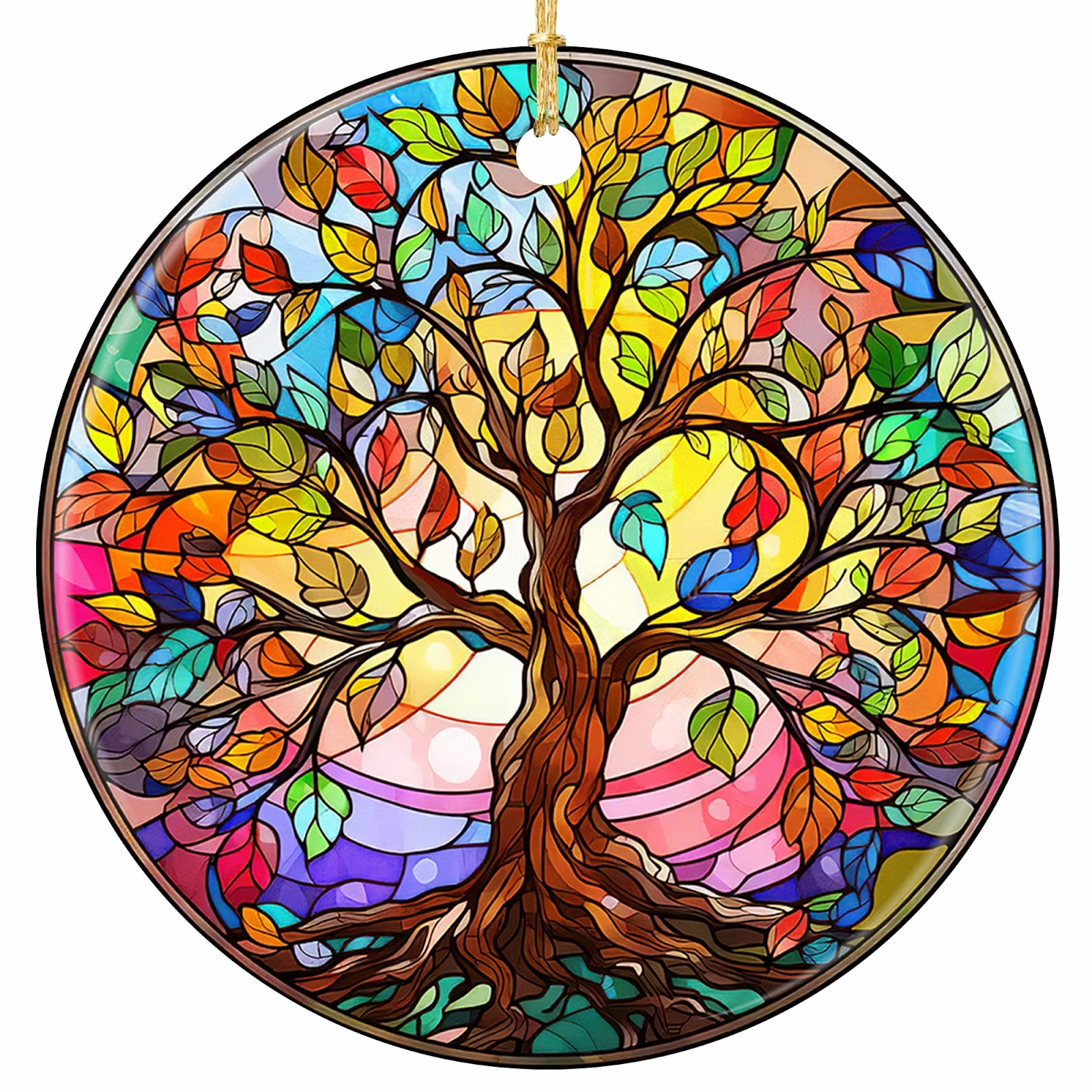 Twisting Trunk Rising Into a Canopy of Rainbow Leaves Over a Glowing Mosaic Sun. Ceramic Keepsake.