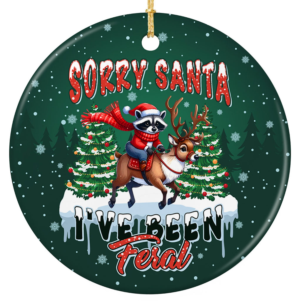 Raccoon in a Santa Hat and Plaid Scarf Riding a Reindeer Past Snowy Pines. Ceramic Novelty Keepsake.