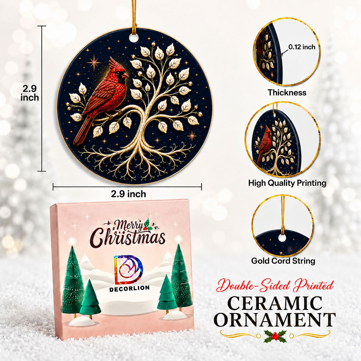 Tree of Life Cardinal Christmas Ornament, Cardinal Memorial Gift, Ceramic Tree Decoration