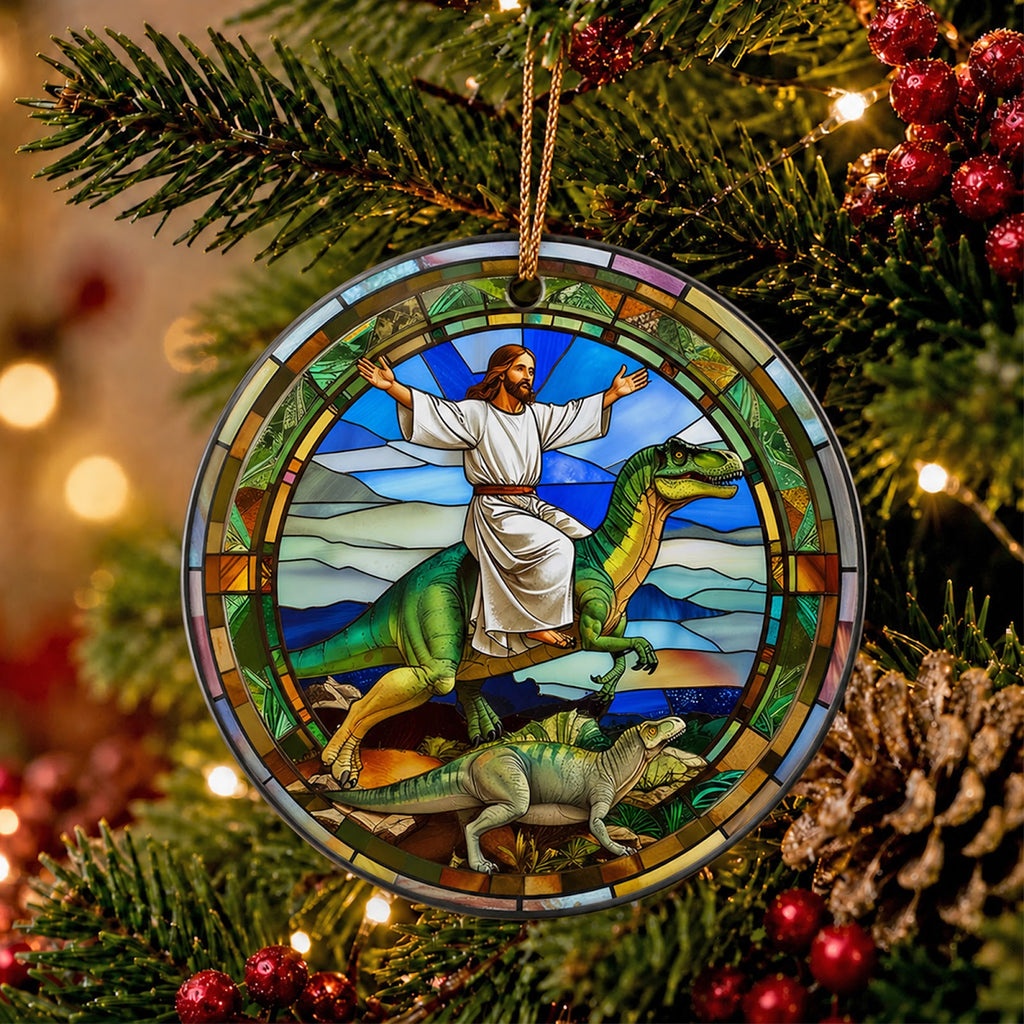 Dinosaur Christmas Ornament, Stained Glass Faith Novelty Gift, Ceramic Hanging Tree Decoration