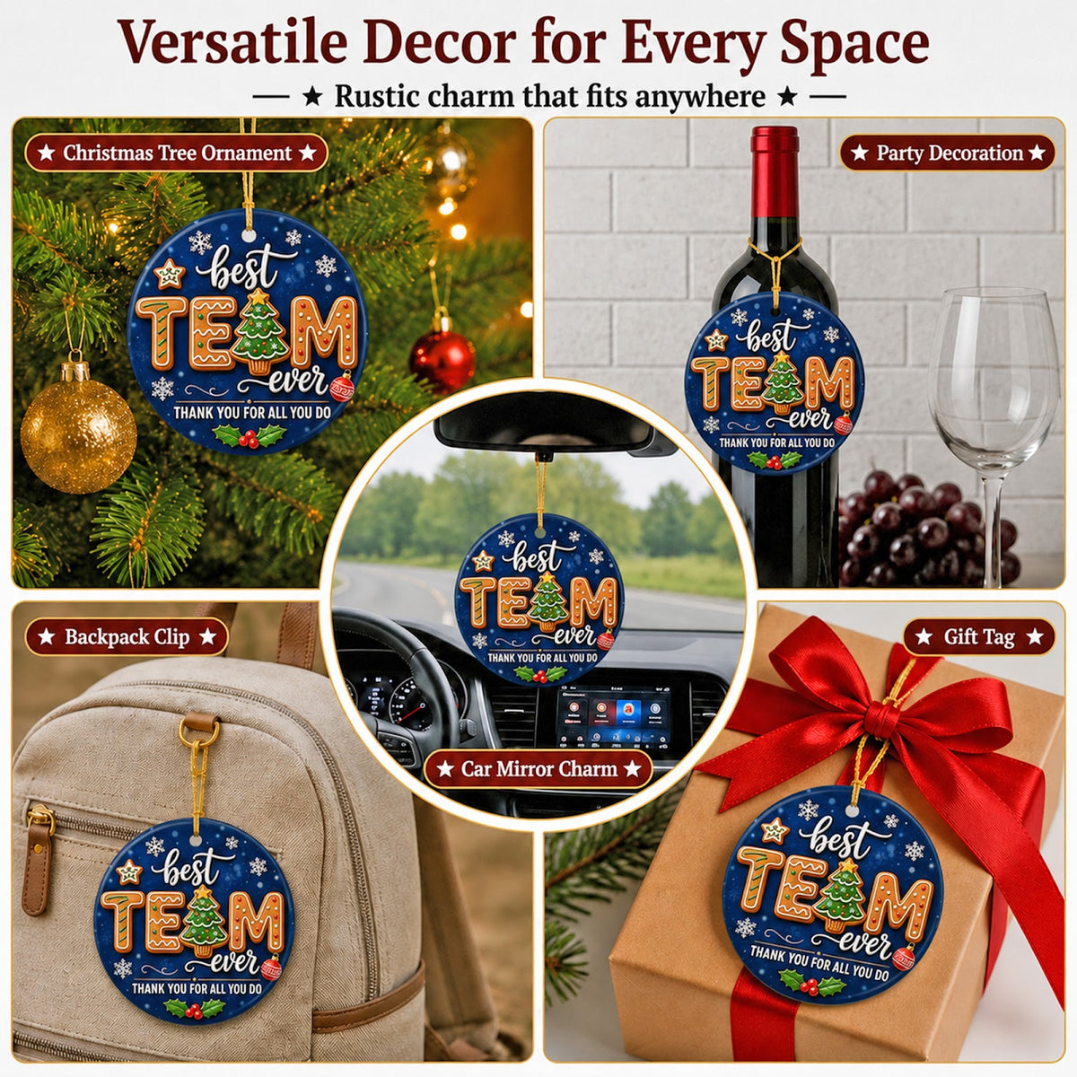 Gingerbread Best Team Ever Christmas Ornament, Office Thank You Gift, Ceramic Tree Decoration