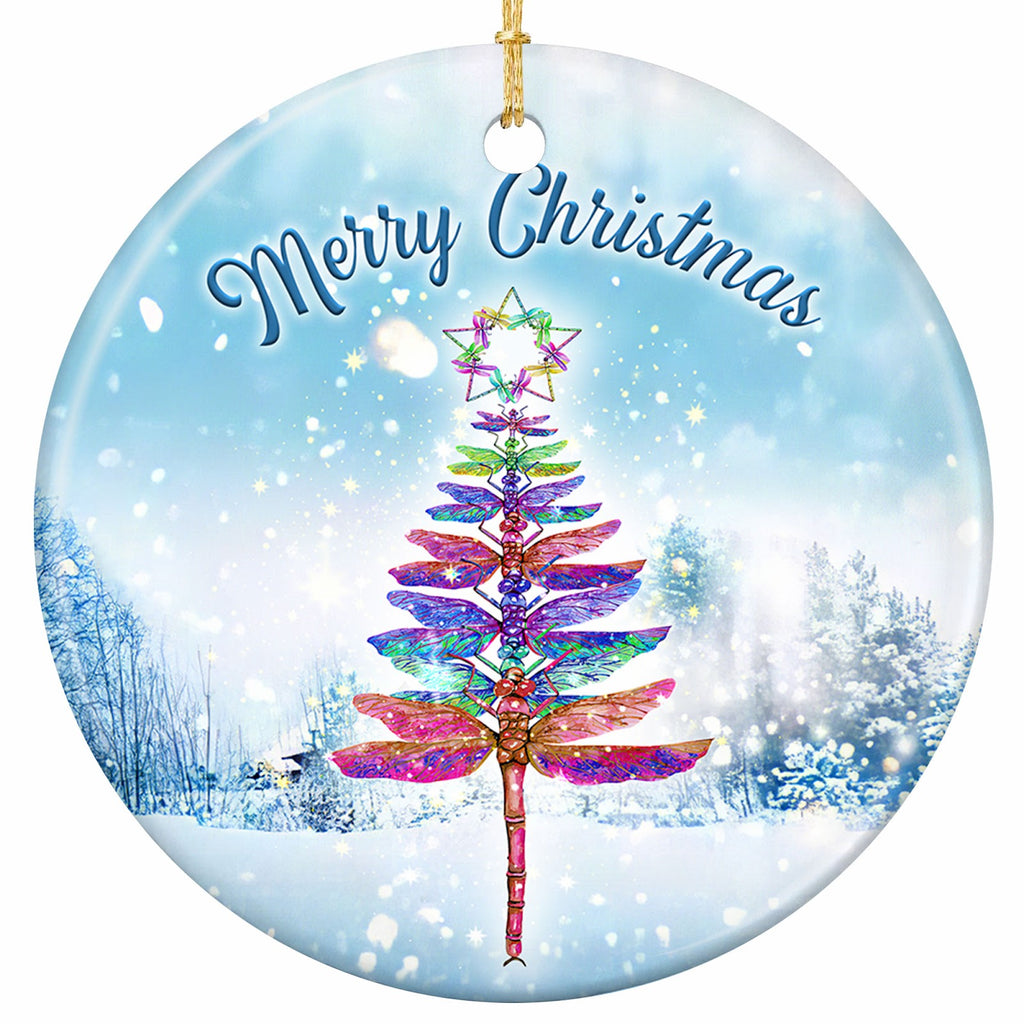 A Whole Tree Built From Dragonflies Shading Pink Through Teal, on a Snowy Forest. Ceramic Memorial Keepsake.