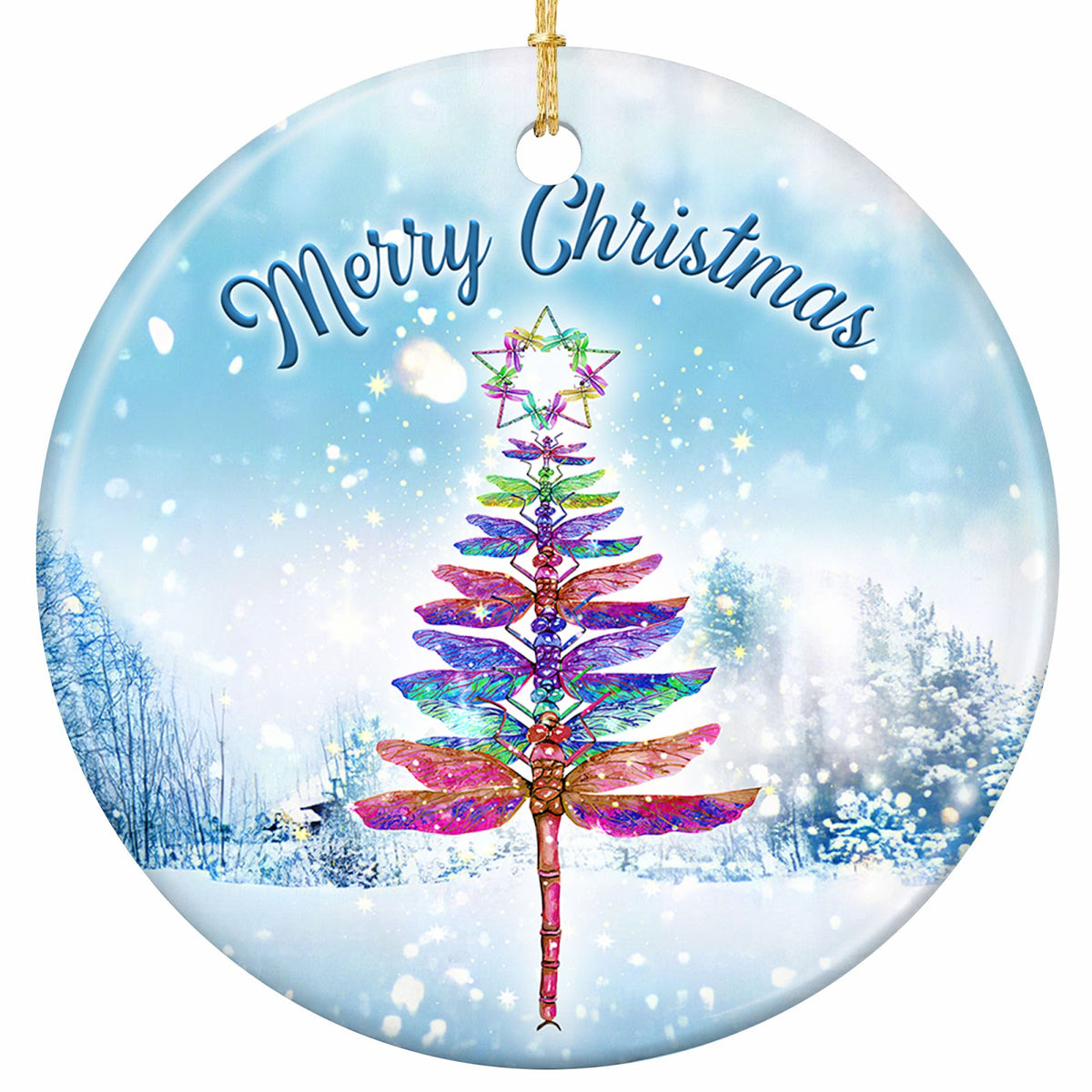 A Whole Tree Built From Dragonflies Shading Pink Through Teal, on a Snowy Forest. Ceramic Memorial Keepsake.