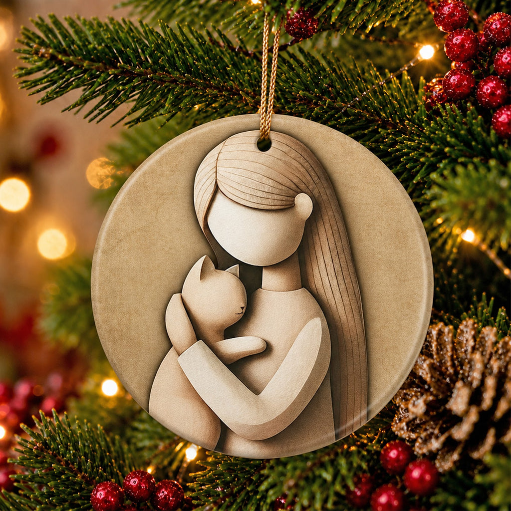 Cat Christmas Ornament, Girl Hugging Cat carved-look Gift, Ceramic Hanging Tree Decoration