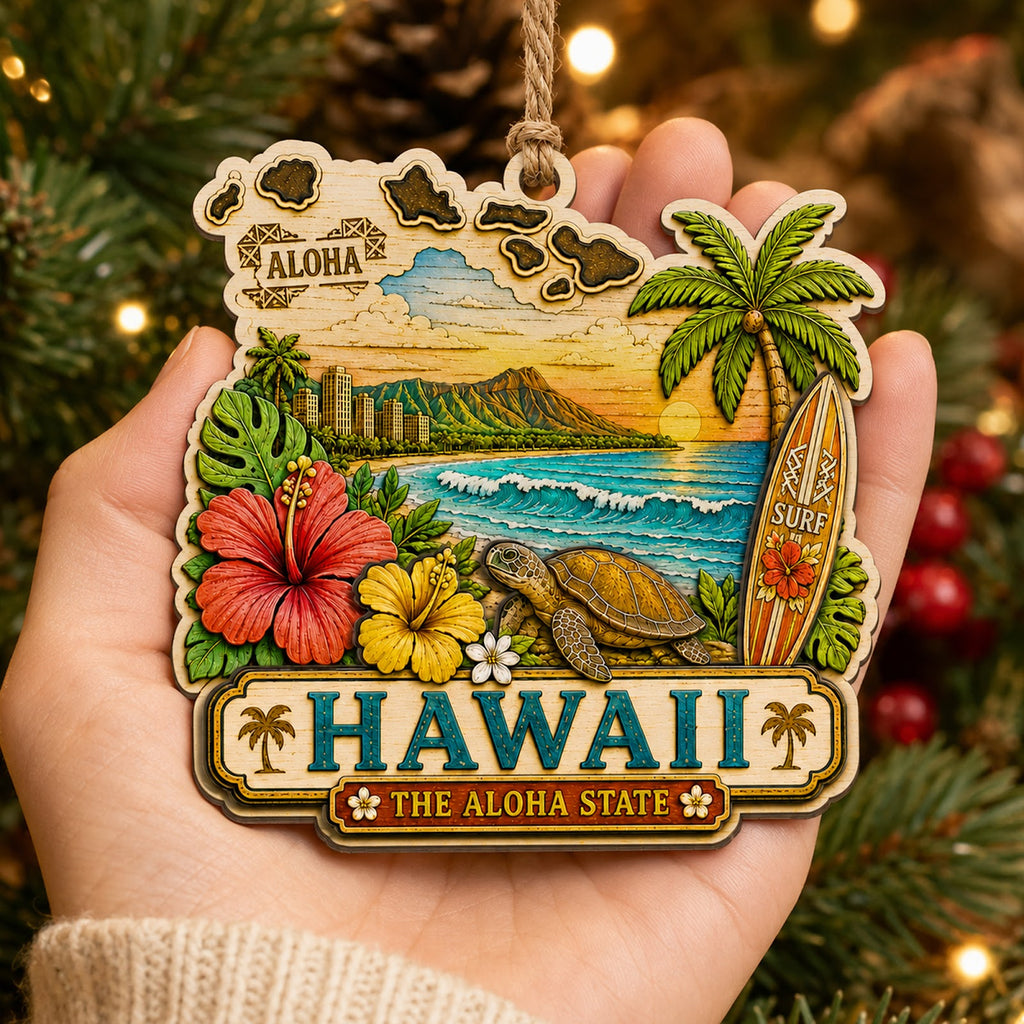 Hawaii Christmas Ornament, Aloha Tropical Island Souvenir Gift, Wood Hanging Tree Decoration