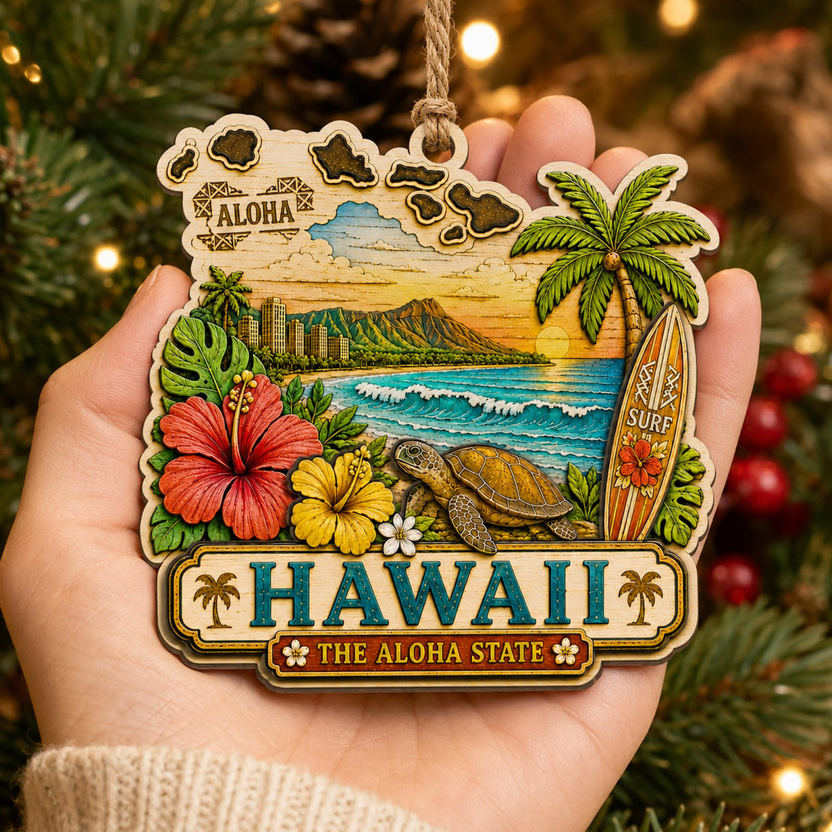 Hawaii Christmas Ornament, Aloha Tropical Island Souvenir Gift, Wood Hanging Tree Decoration