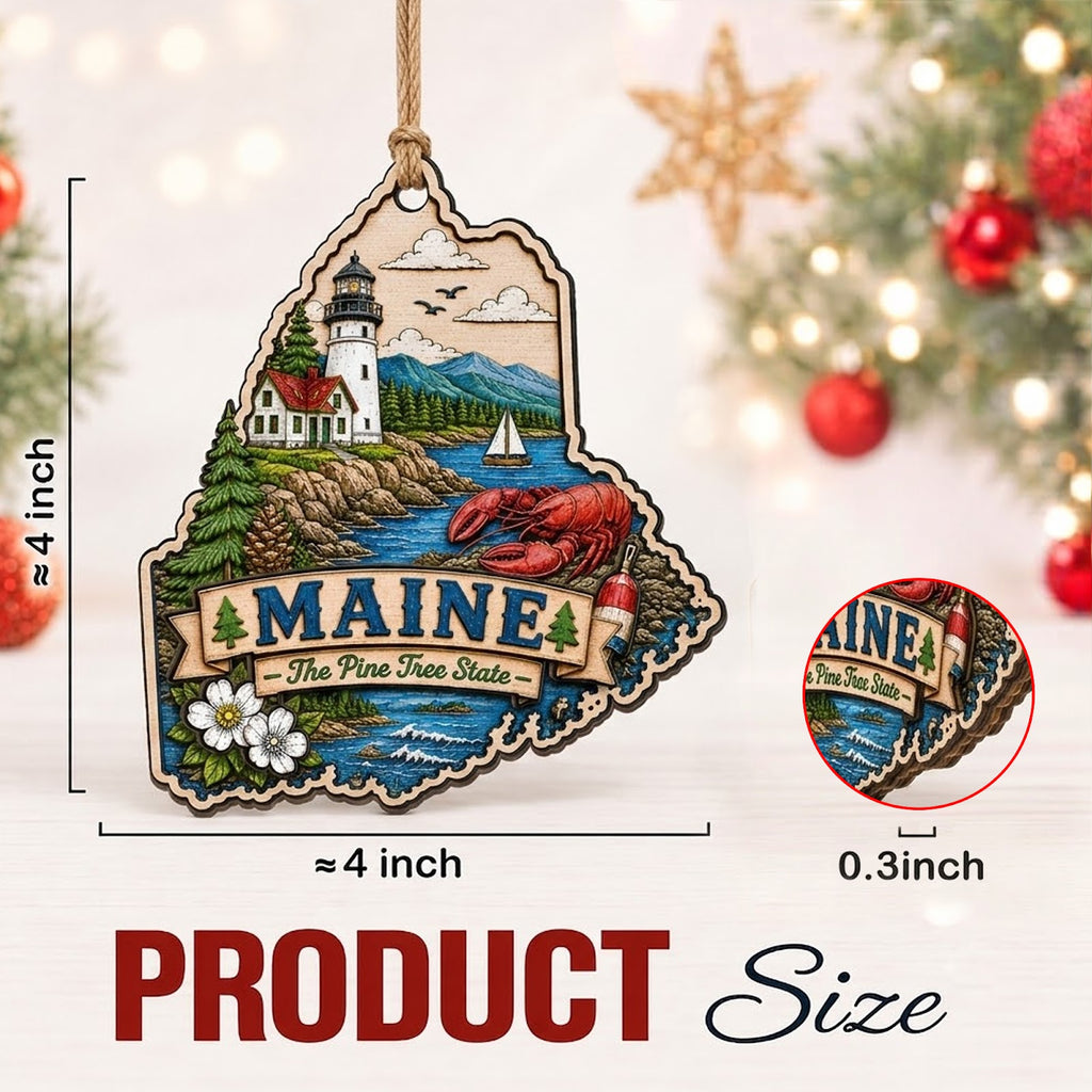 Maine Christmas Ornament, Lighthouse and Lobster Souvenir Gift, Wood Hanging Tree Decoration