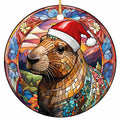 Mosaic Capybara in a Red Santa Hat Before Purple Mountains and a Peach Sunset. Ceramic Keepsake for Capybara Fans.