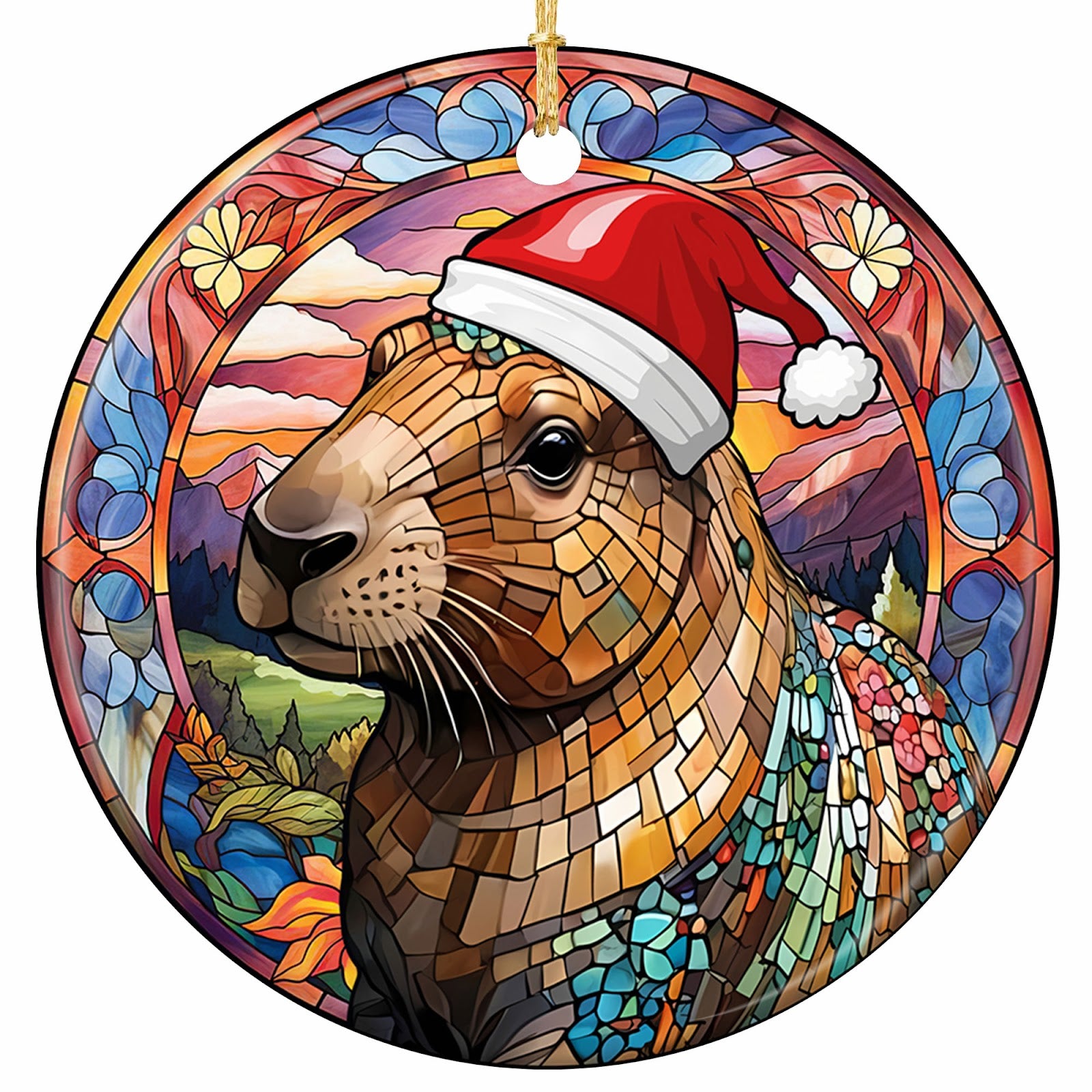 Mosaic Capybara in a Red Santa Hat Before Purple Mountains and a Peach Sunset. Ceramic Keepsake for Capybara Fans.