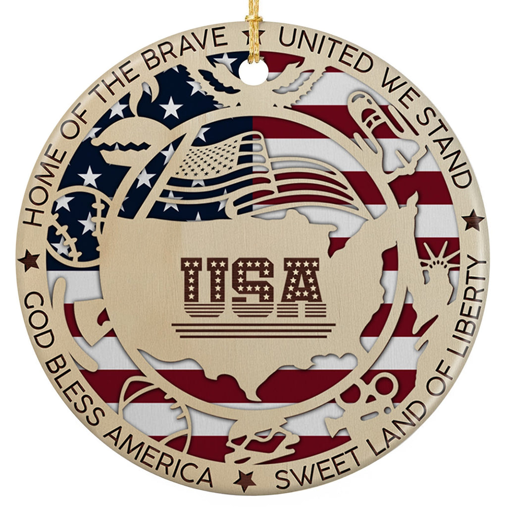 Bold USA Lettering With Stars Over a Folded Flag Inside a Carved Seal. Ceramic Patriotic Keepsake.