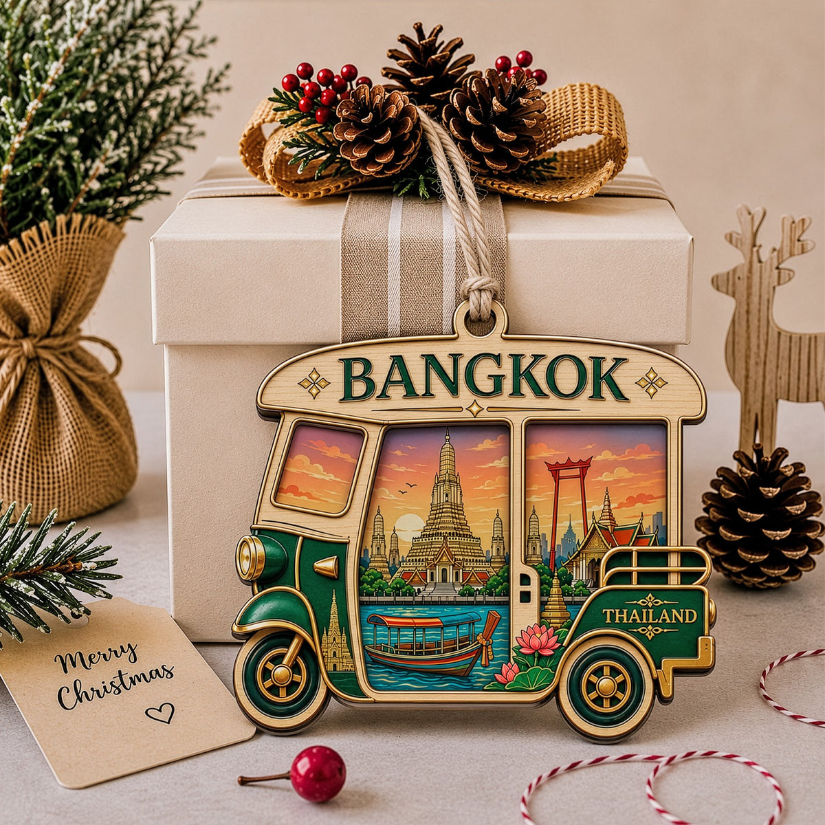 Venice Christmas Ornament, Italy Gondola and Canal Souvenir Gift, Wood Hanging Tree Decoration