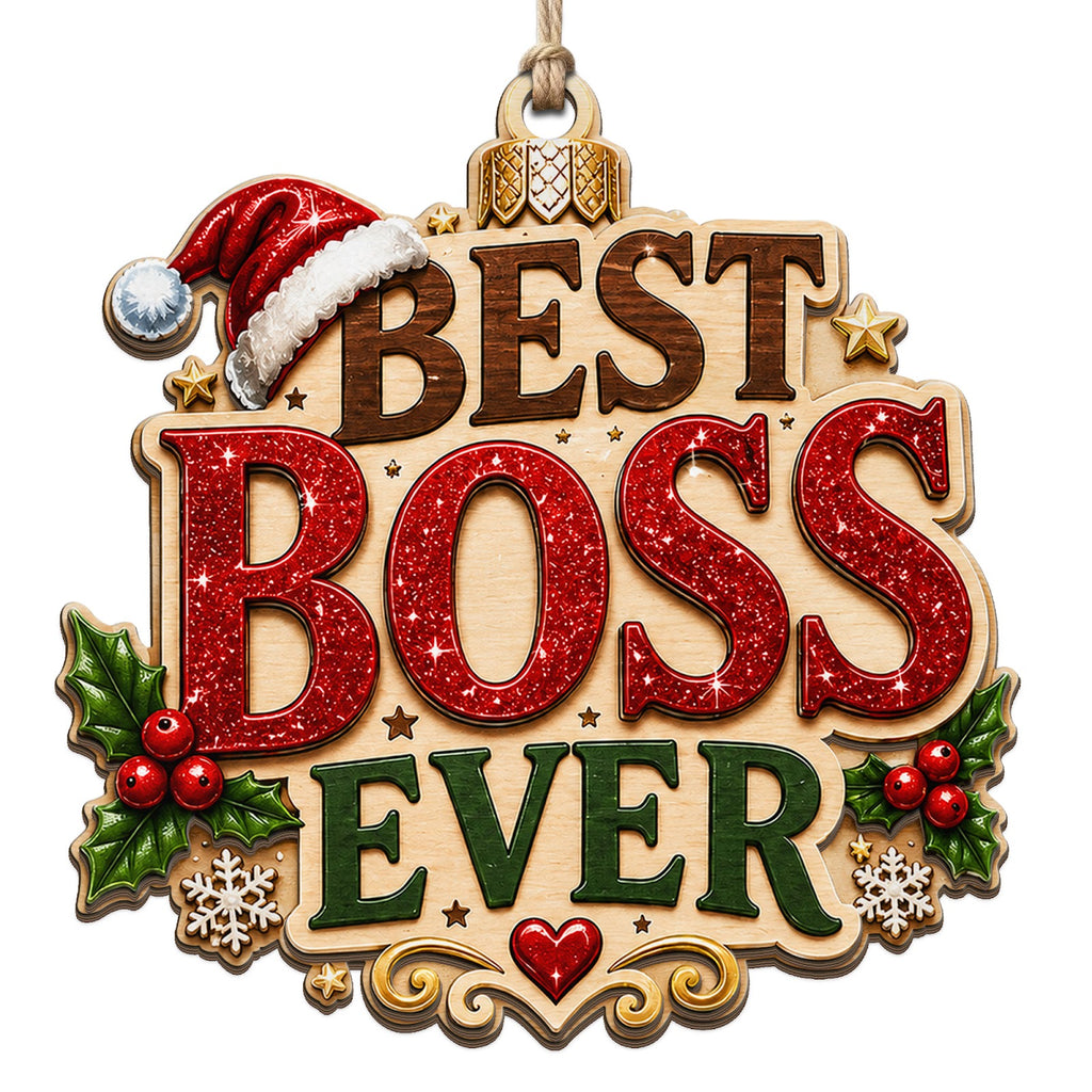 Scalloped Plaque Reads Best Boss Ever With Glitter Text And Stars. Festive Gift For Bosses And Managers.