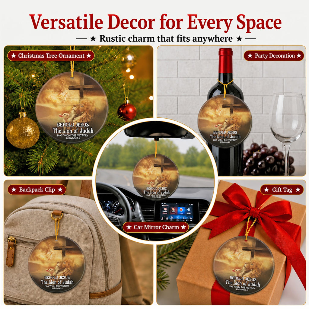 Religious Christmas Ornament, Lion And Lamb Cross Gift, Ceramic Hanging Tree Decoration