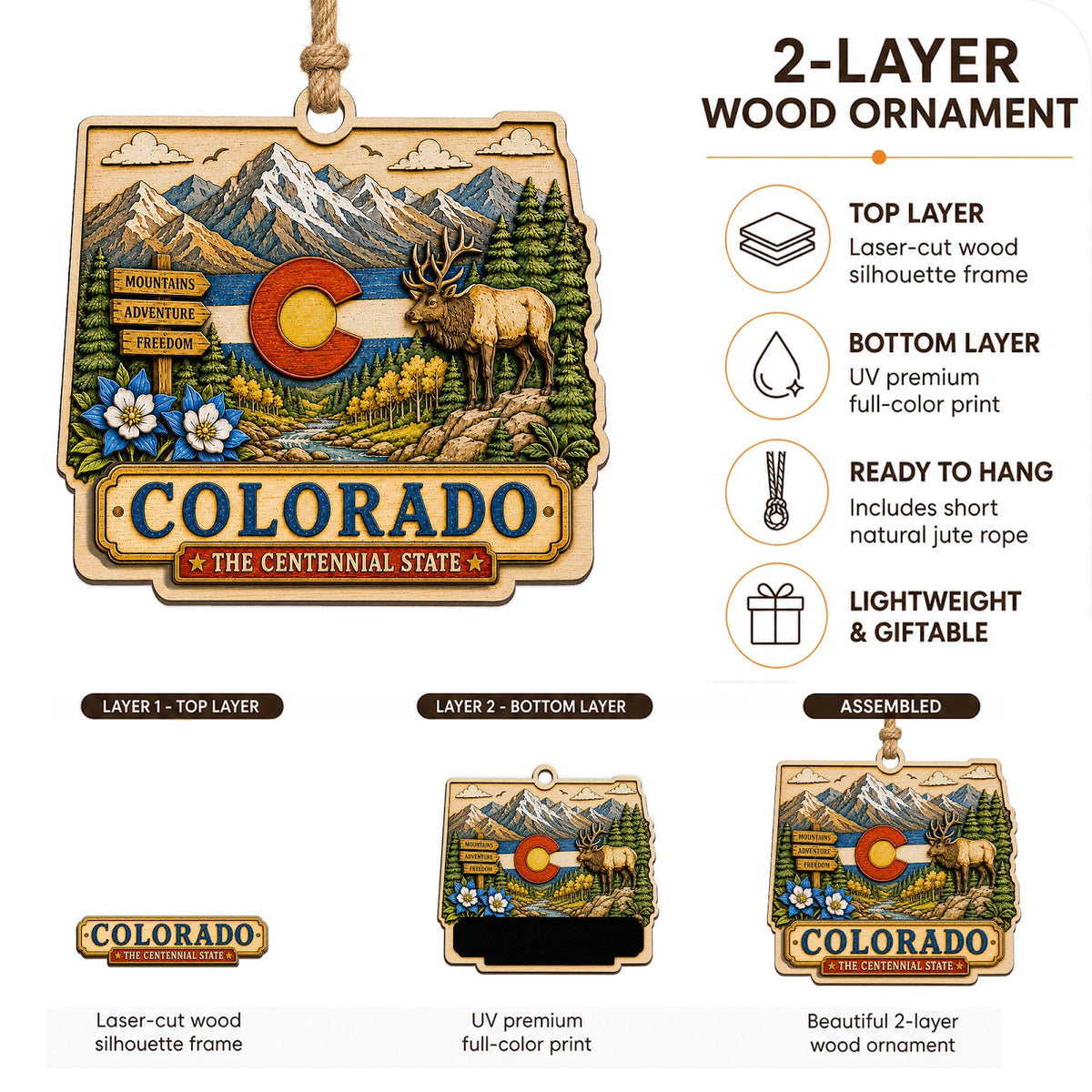 Colorado Christmas Ornament, Rocky Mountain Ski and Aspen Souvenir Gift, Wood Tree Decoration