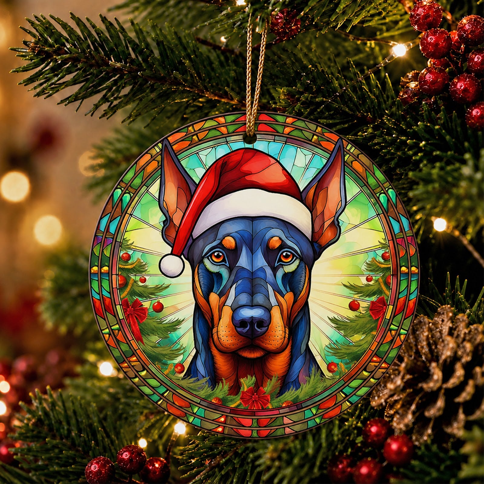 Doberman Christmas Ornament, Stained Glass Dog Gift, Ceramic Hanging Tree Decoration