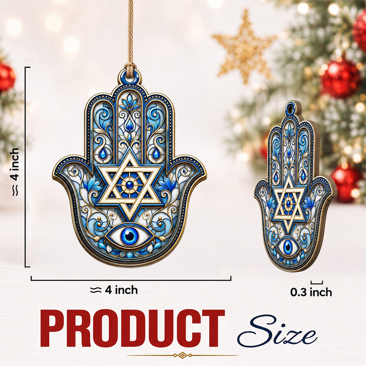 Judaica Protection Hamsa Jewish Christmas Ornament, Hamsa Protection Keepsake, Wood Ornament