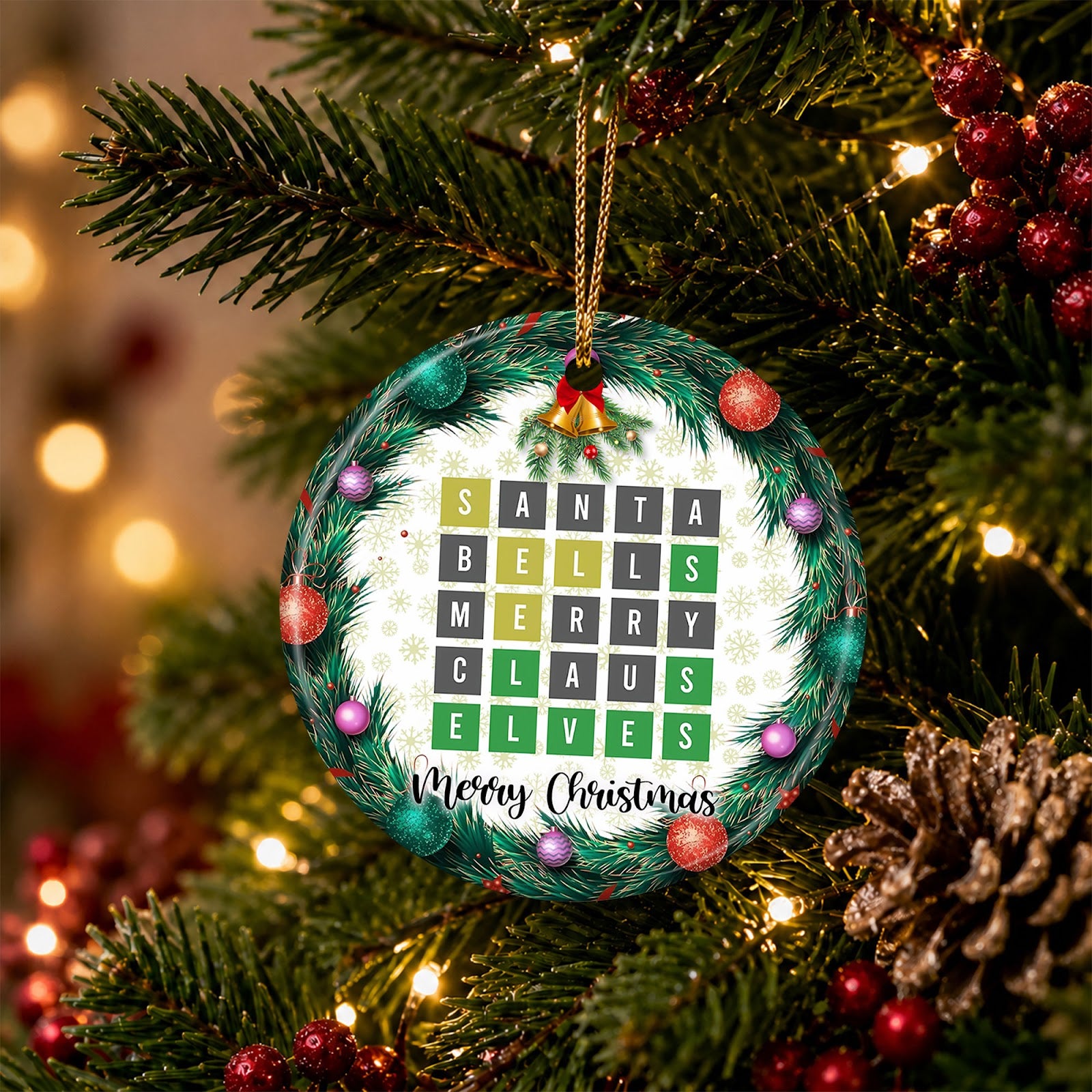 Word Game Christmas Ornament, Puzzle Wreath Christmas Grid Gift, Ceramic Tree Decoration