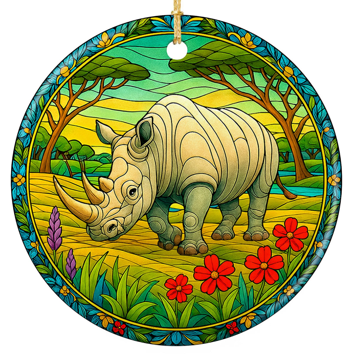 Gray Rhinoceros in Profile on Golden Grassland With Acacia Trees. Ceramic Keepsake for Safari Fans.