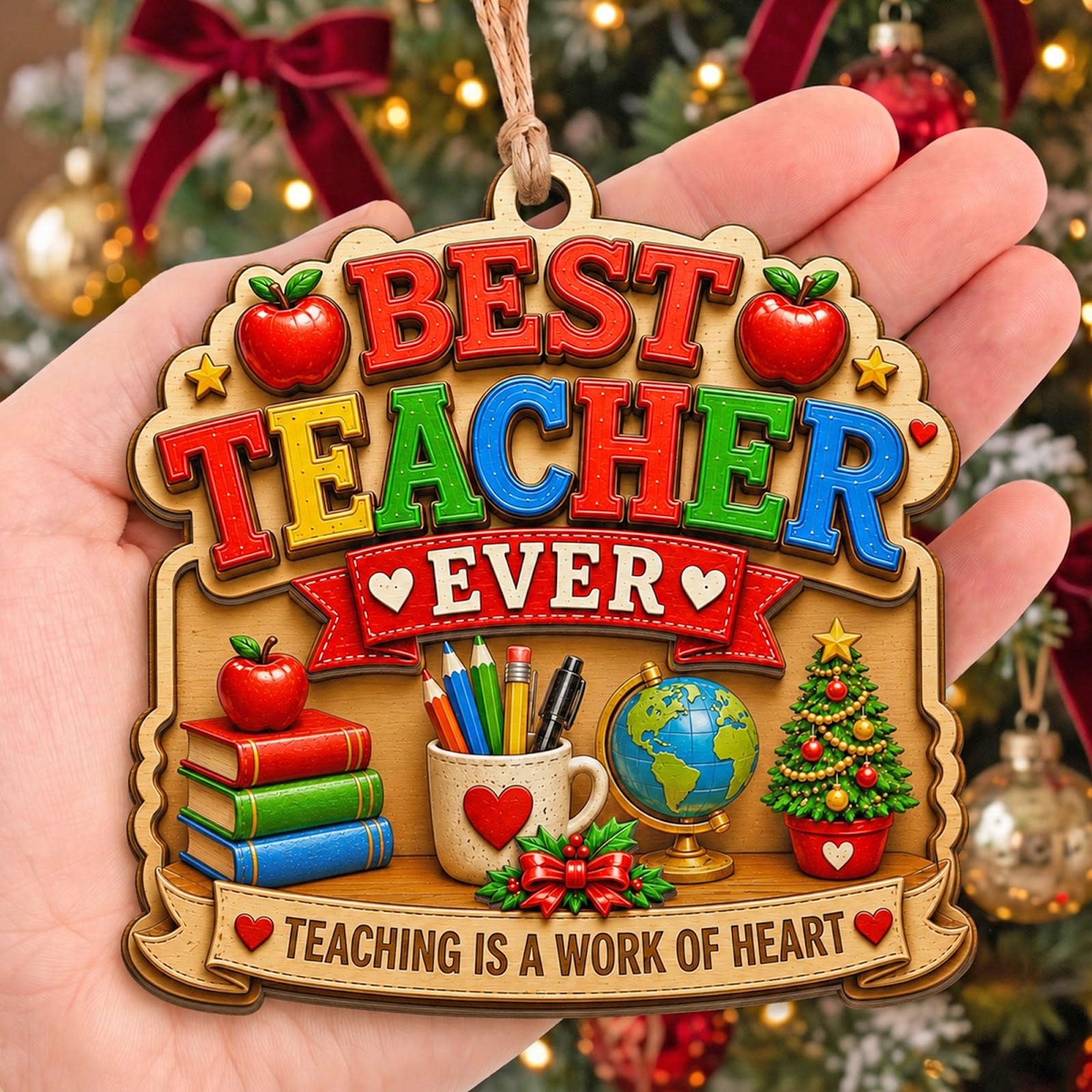 Best Teacher Wood Christmas Ornament