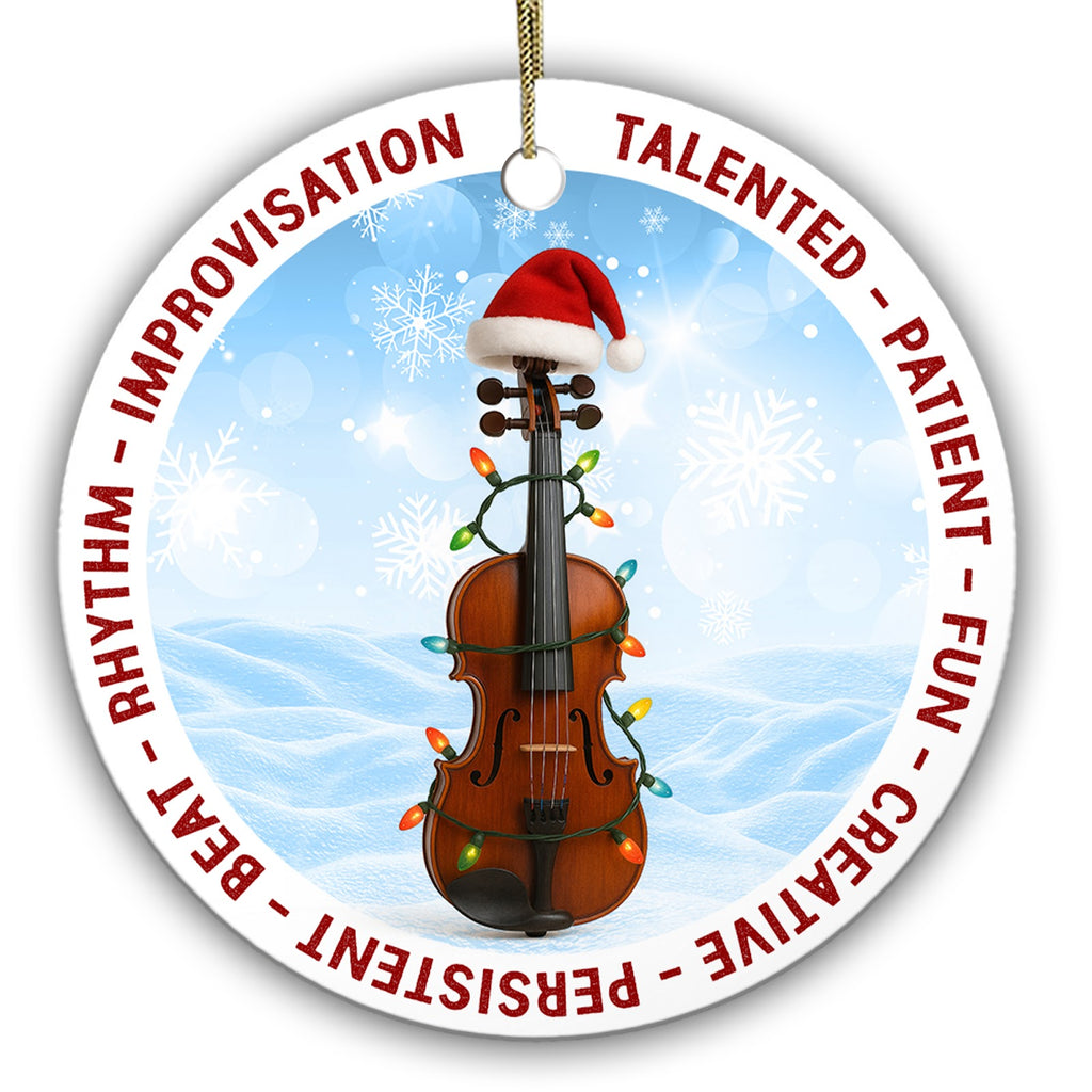 Wooden Violin in String Lights With a Santa Hat on Its Scroll. Ceramic Keepsake for Violinists.