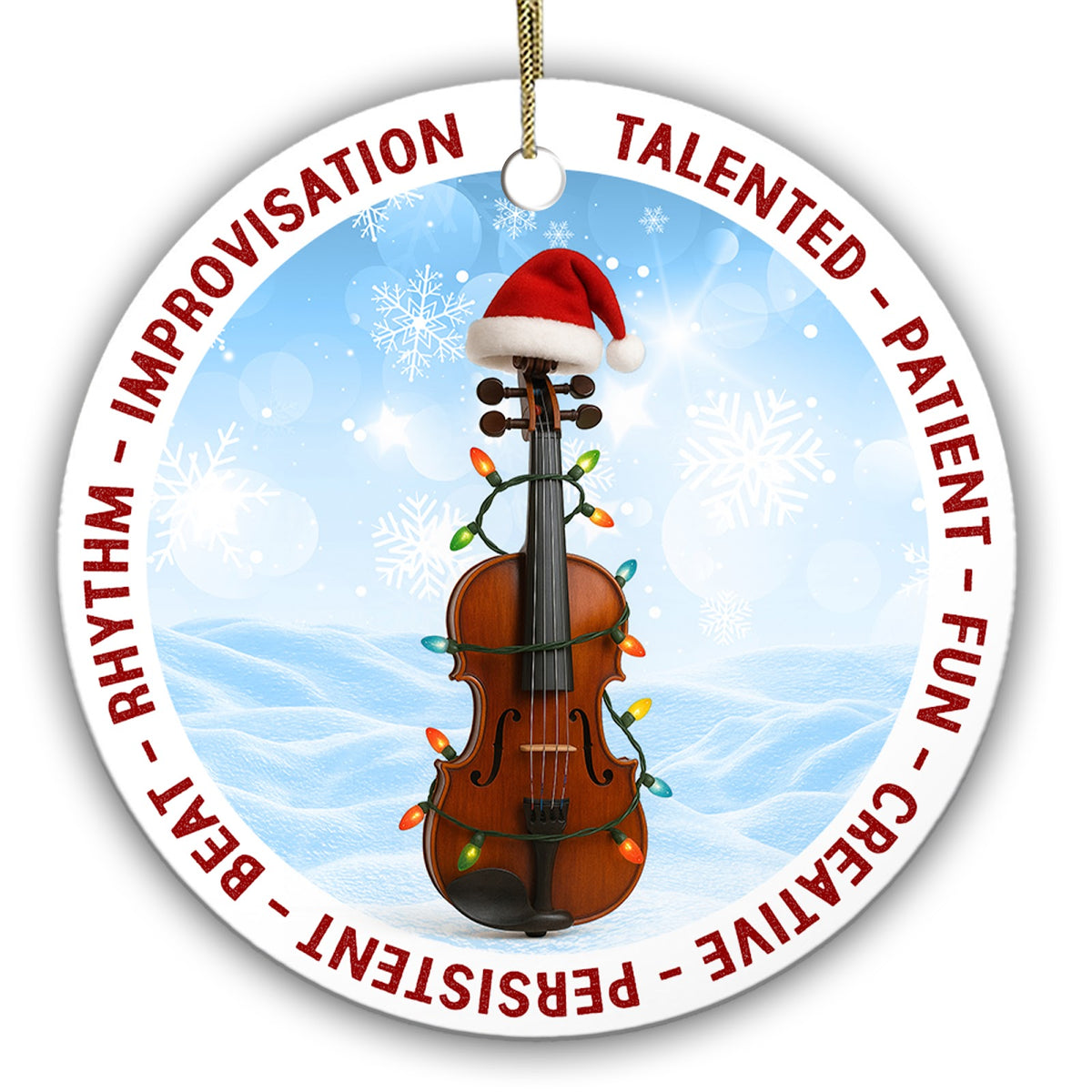 Wooden Violin in String Lights With a Santa Hat on Its Scroll. Ceramic Keepsake for Violinists.