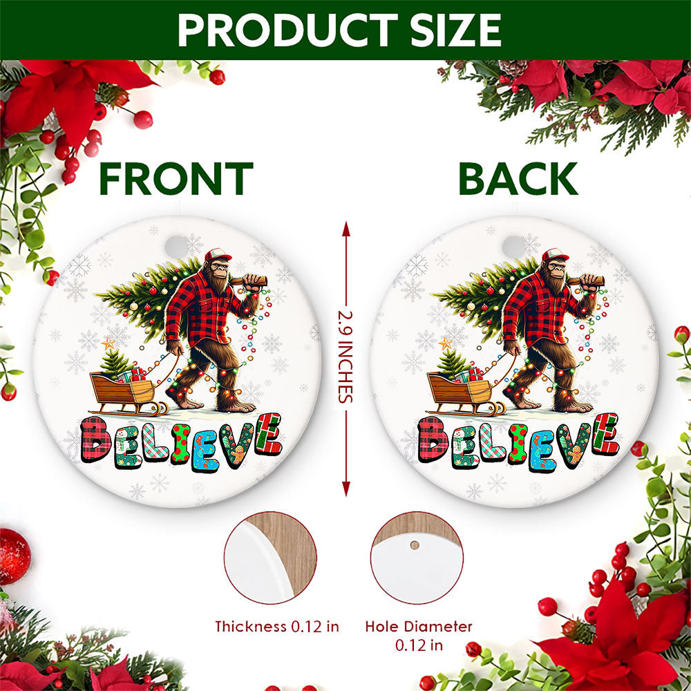 Bigfoot Christmas Ornament, Believe Plaid Flannel Gift, Ceramic Hanging Tree Decoration