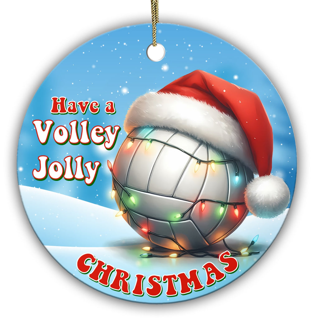 Volleyball in a Santa Hat Wrapped in Bulb Lights in a Snowdrift. Ceramic Keepsake for Volleyball Teams.