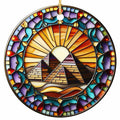 Three Sandstone Pyramids Backlit by a Radiating Sun in a Jewel-Tiled Border. Ceramic Travel Keepsake.