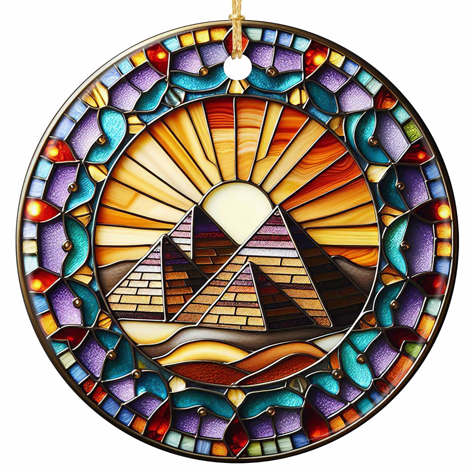 Three Sandstone Pyramids Backlit by a Radiating Sun in a Jewel-Tiled Border. Ceramic Travel Keepsake.