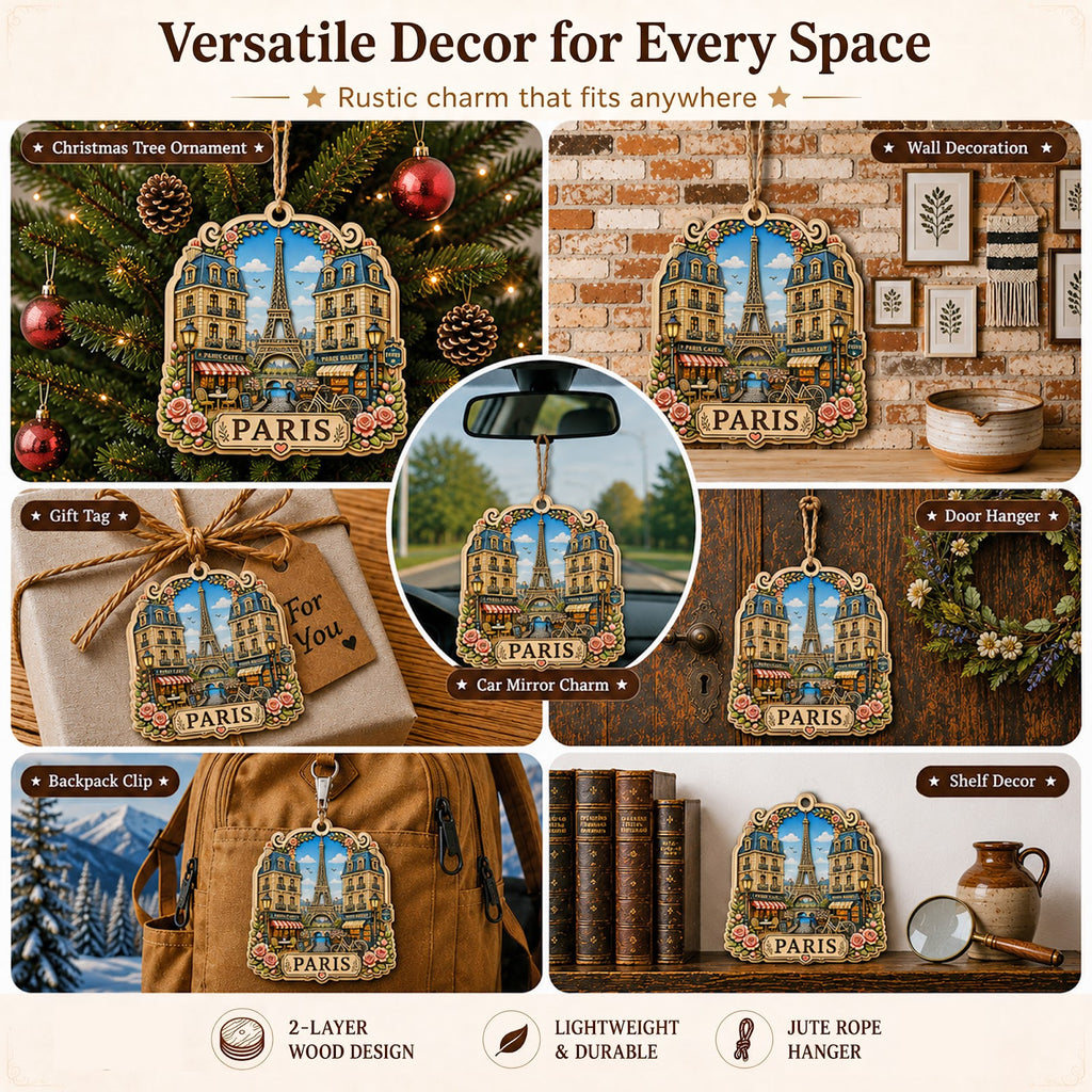Paris Christmas Ornament, France Eiffel Tower Skyline Souvenir Gift, Wood Tree Decoration