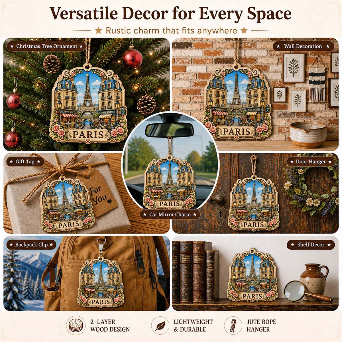 Paris Christmas Ornament, France Eiffel Tower Skyline Souvenir Gift, Wood Tree Decoration