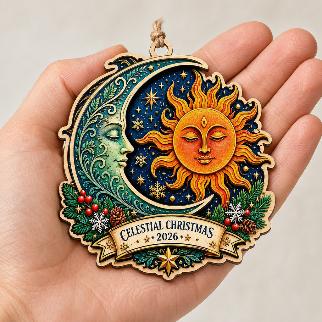 Sun And Moon Celestial Mystical Christmas Ornament, Celestial Balance Keepsake, Wood Ornament