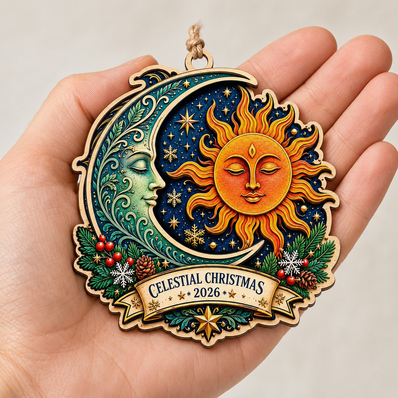 Sun And Moon Celestial Mystical Christmas Ornament, Celestial Balance Keepsake, Wood Ornament