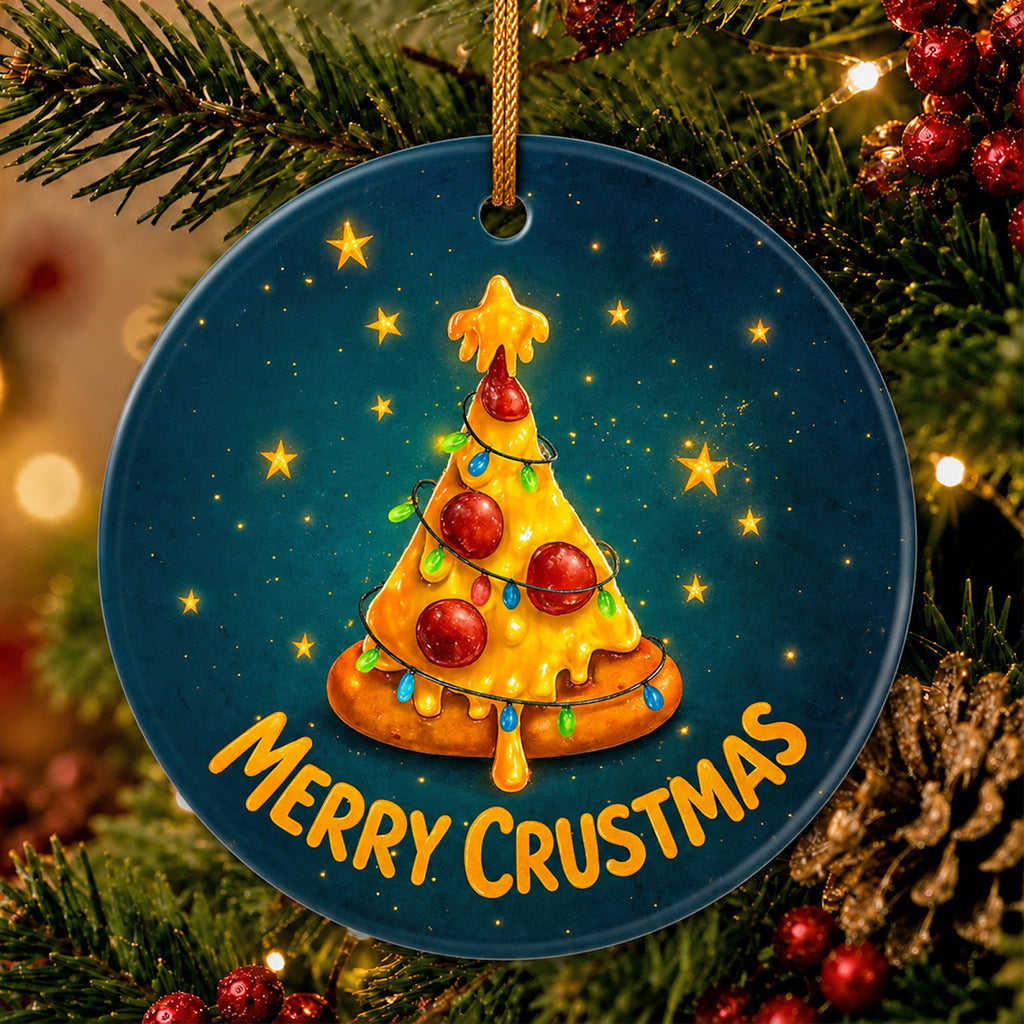 Pizza Christmas Ornament, Merry Crustmas Funny Foodie Gift, Ceramic Hanging Tree Decoration