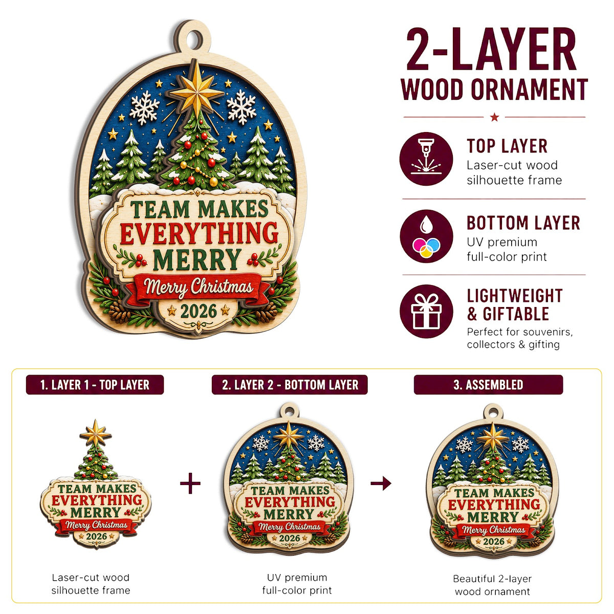 Team Everything Christmas Ornament, Coworker Holiday Gift, Wood Hanging Tree Decoration