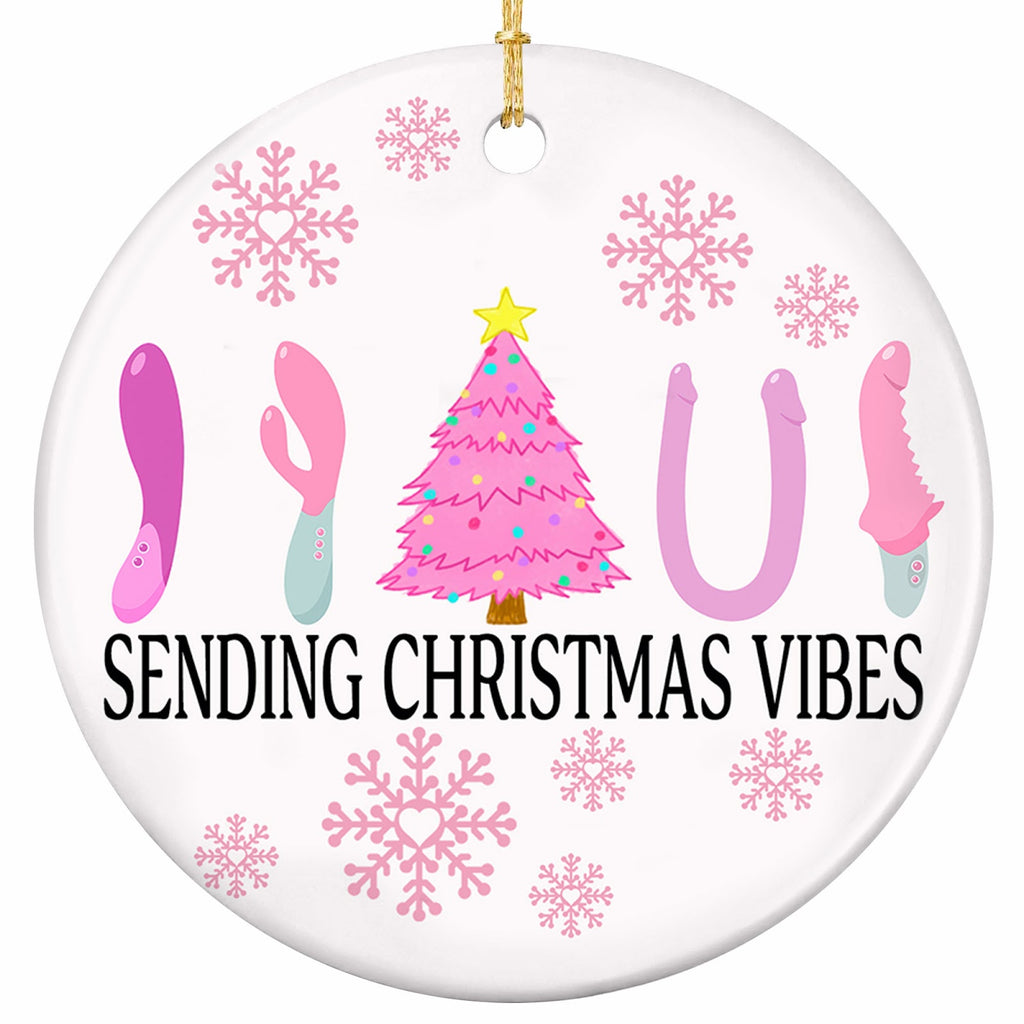 A Row of Sleek Pink Novelties Flanking a Pink Christmas Tree. Adults-Only Ceramic Gag Keepsake for Party Swaps.