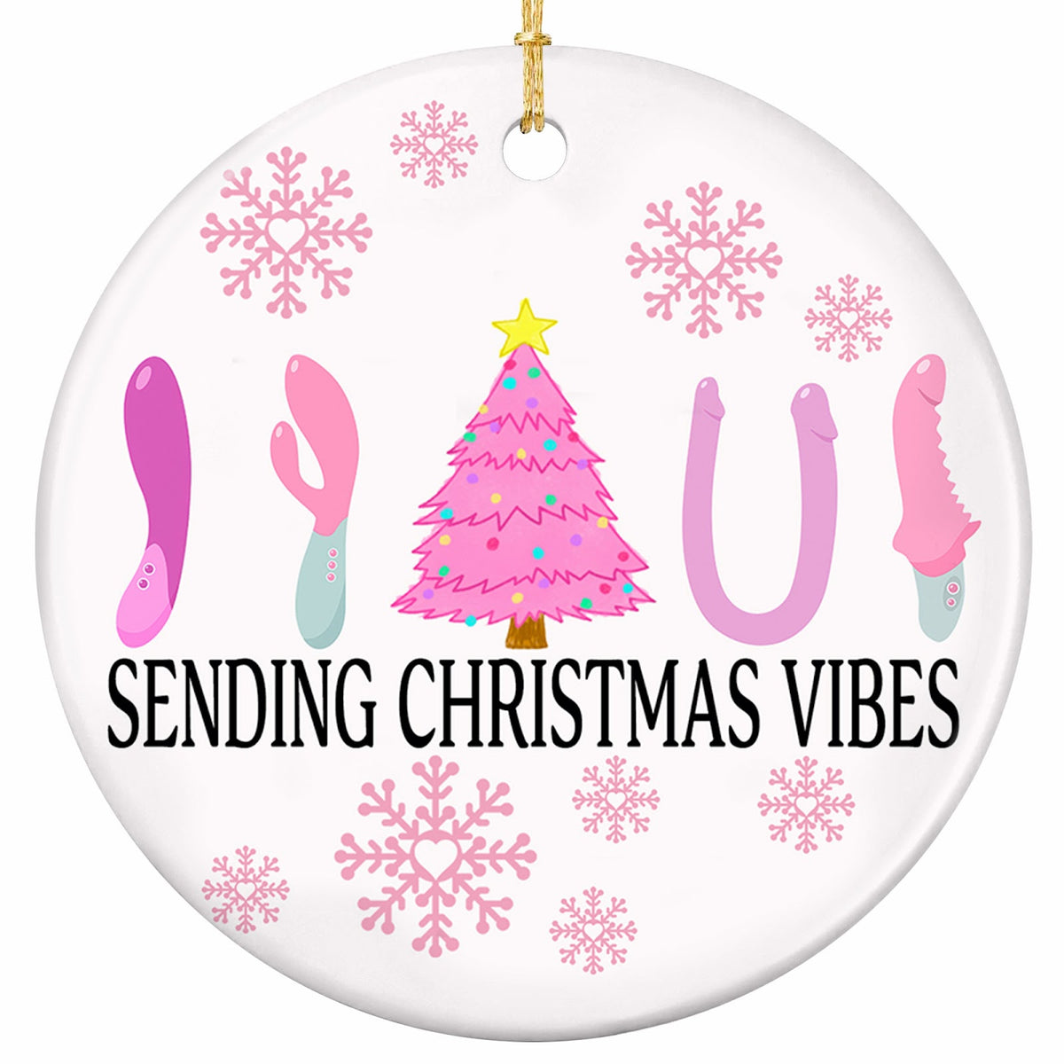A Row of Sleek Pink Novelties Flanking a Pink Christmas Tree. Adults-Only Ceramic Gag Keepsake for Party Swaps.