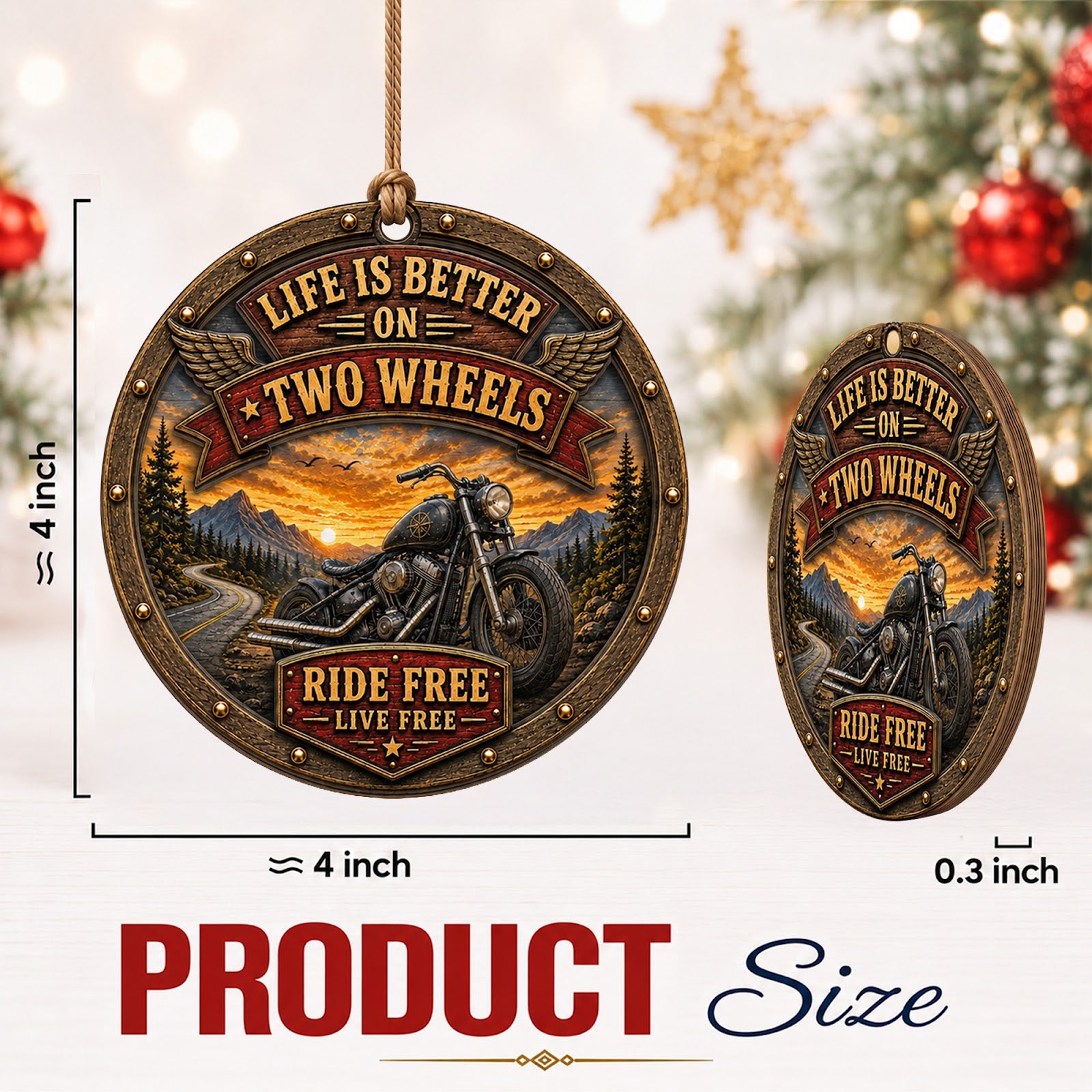 Biker Life Motorcycle Ride Free Christmas Ornament, Ride Free Keepsake, Wood Tree Decoration