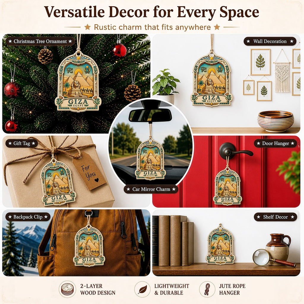 Egypt Christmas Ornament, Giza Pyramid and Sphinx Souvenir Gift, Wood Hanging Tree Decoration