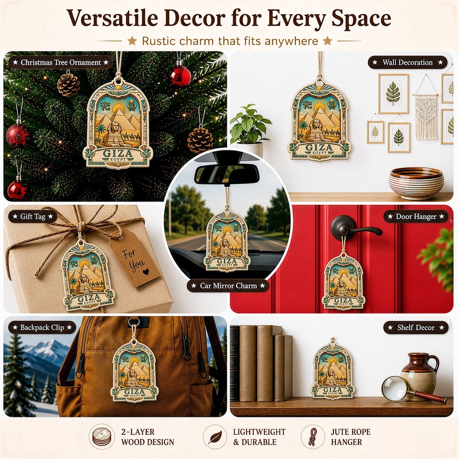 Egypt Christmas Ornament, Giza Pyramid and Sphinx Souvenir Gift, Wood Hanging Tree Decoration