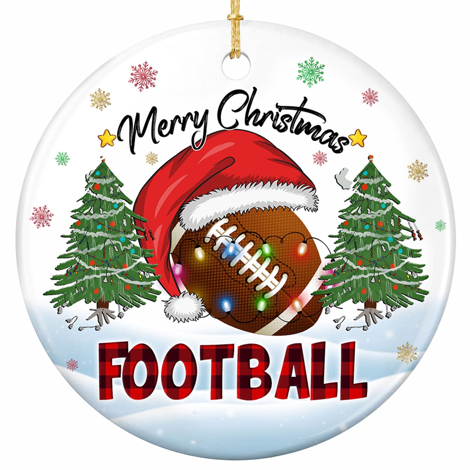 A Brown Football in an Oversized Santa Hat Draped in Bulbs Between Two Lit Pines. Ceramic Keepsake.