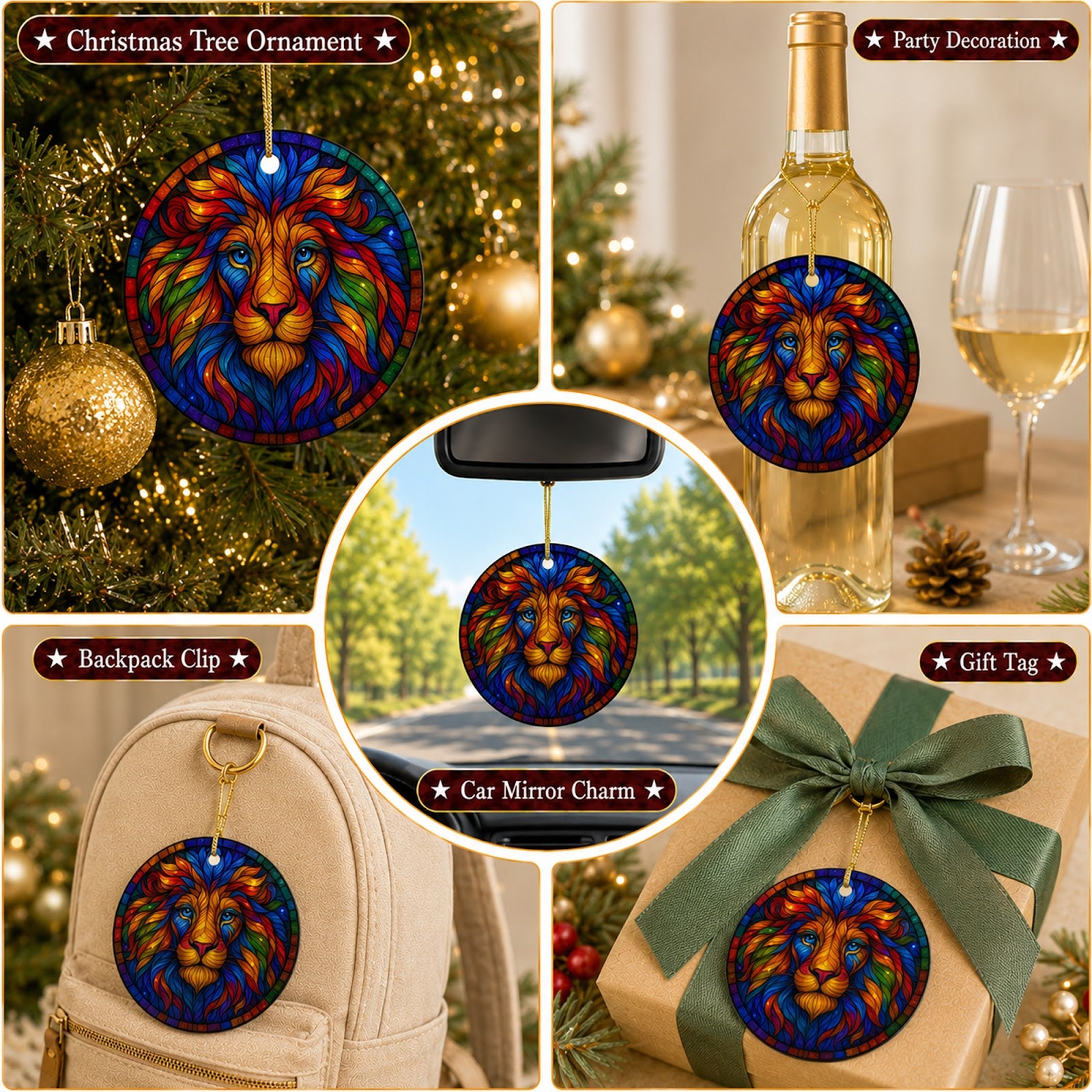 Lion Christmas Ornament, Stained Glass Big Cat Gift, Ceramic Hanging Tree Decoration