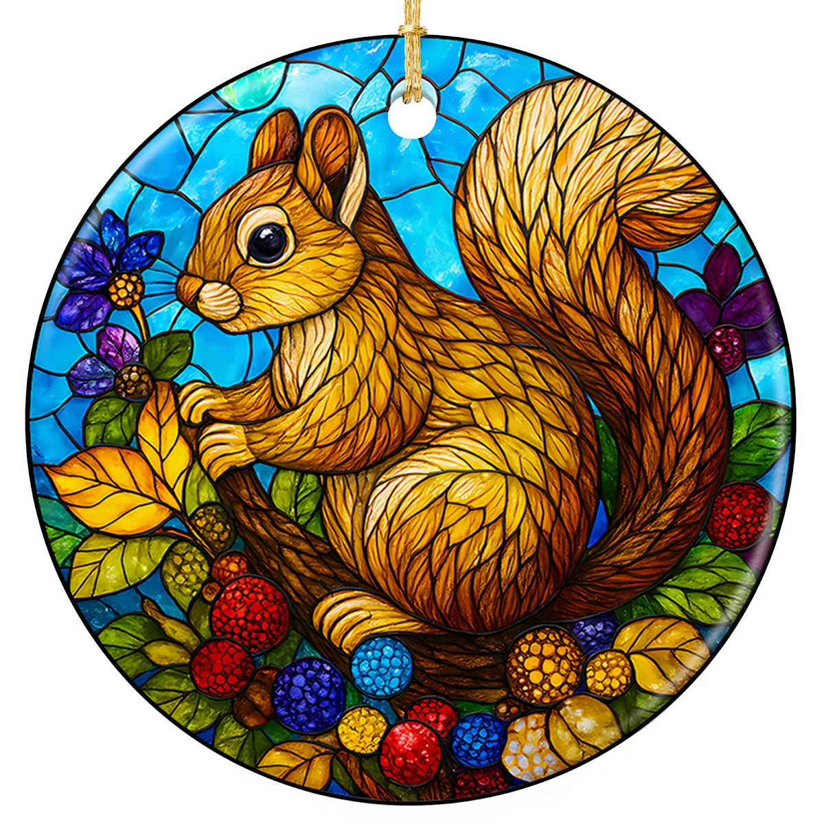 Bushy Tailed Squirrel Holding a Purple Flower Among Acorns. Ceramic Keepsake for Backyard Wildlife Fans.