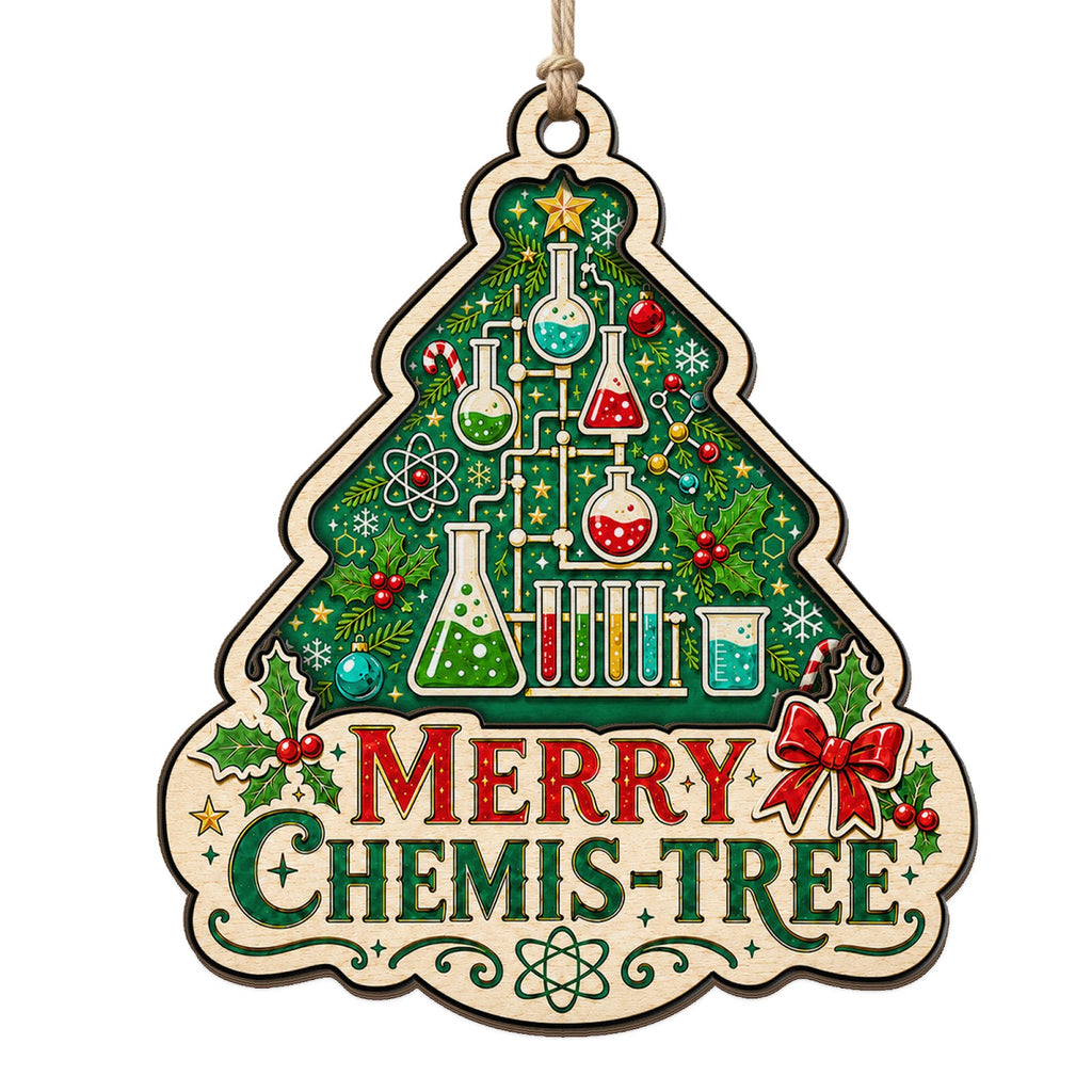Shows Lab Flasks, Beakers, and Atoms Shaped Like a Tree with a Chemis-Tree Pun. Gift for Chemistry Teachers.