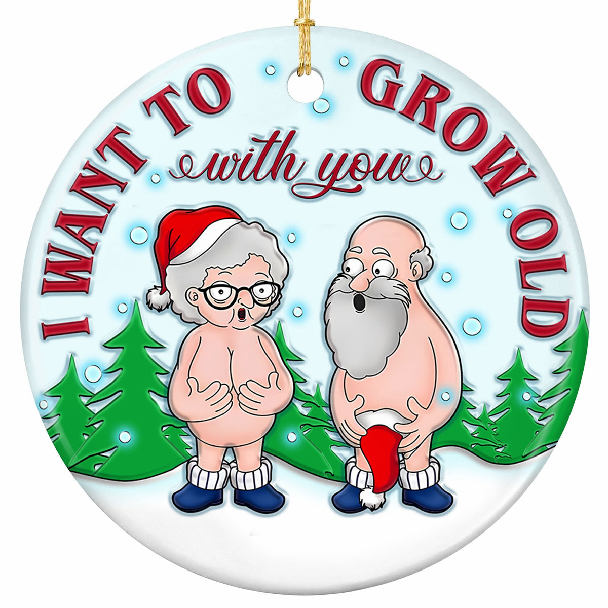 An Elderly Couple Caught Wide-Eyed in the Snow With Only a Santa Hat to Spare. Adults-Only Ceramic Keepsake.