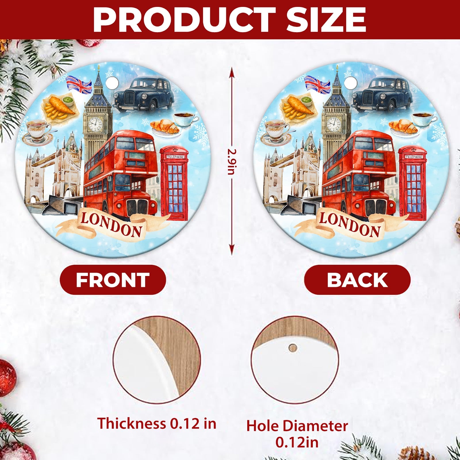 London Christmas Ornament, Double Decker Bus Souvenir Gift, Ceramic Hanging Tree Decoration