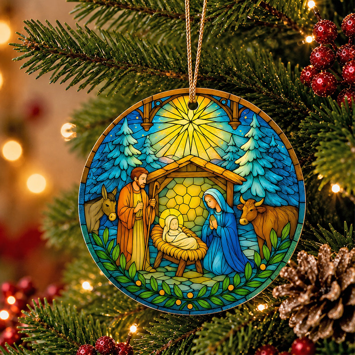 Nativity Christmas Ornament, Stained Glass Religious Gift, Ceramic Hanging Tree Decoration
