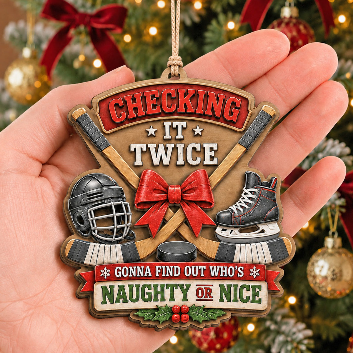 Hockey Crossed Sticks Wood Christmas Ornament